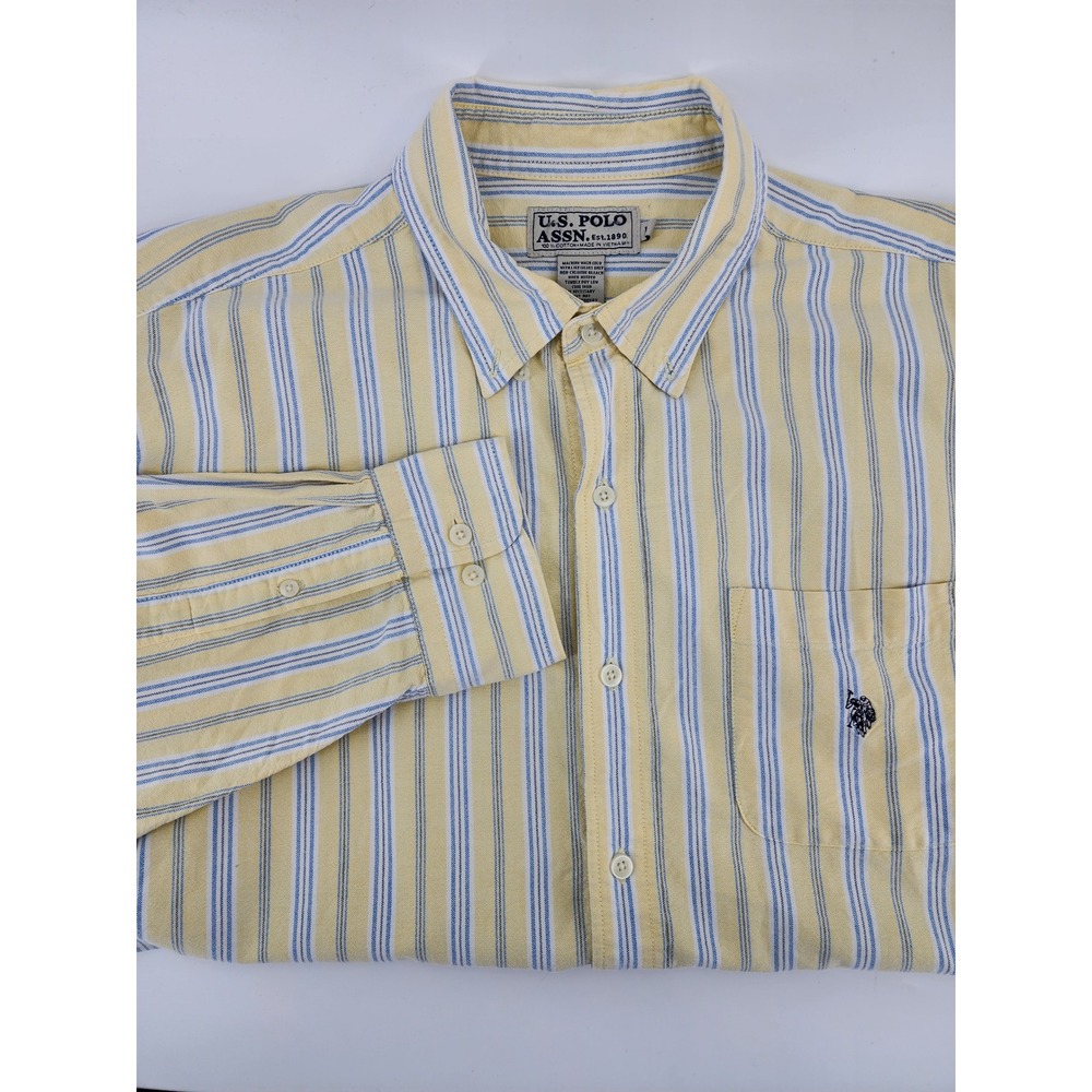 US Polo Assn Mens Large Yellow Blue Striped Long Sleeve Button Down Shirt Cotton